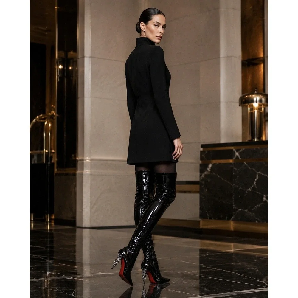 Christian Louboutin Limited Edition Black Lipstrass Patent Thigh Boots Size 37.5